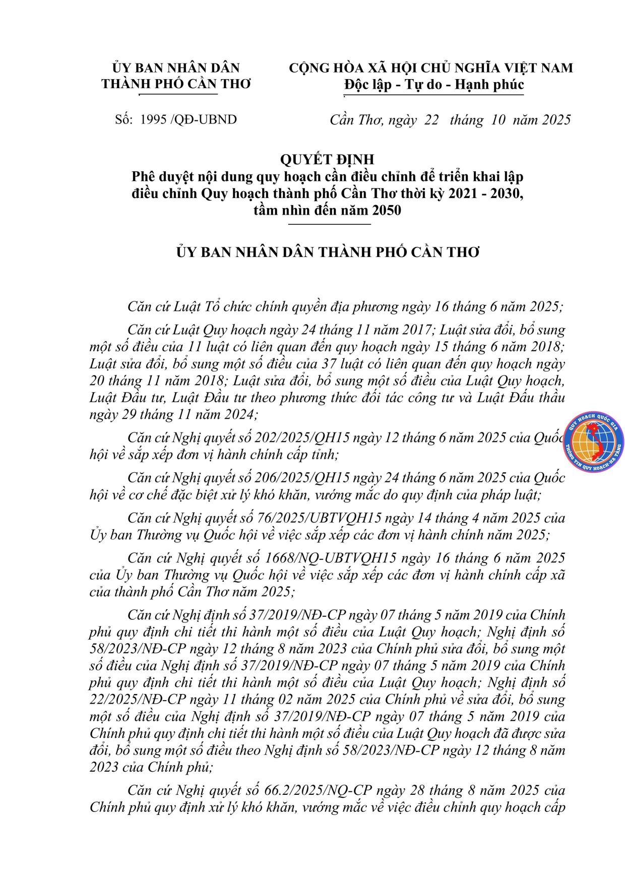 251022 1995 Ub.[cẦn ThƠ] QĐ Pd Nd Qh CẦn Đc ĐỂ Tk LẬp Đcqh Tp CẦn ThƠ Tk 2021 30 ĐẾn 2050 Hình ảnh 0